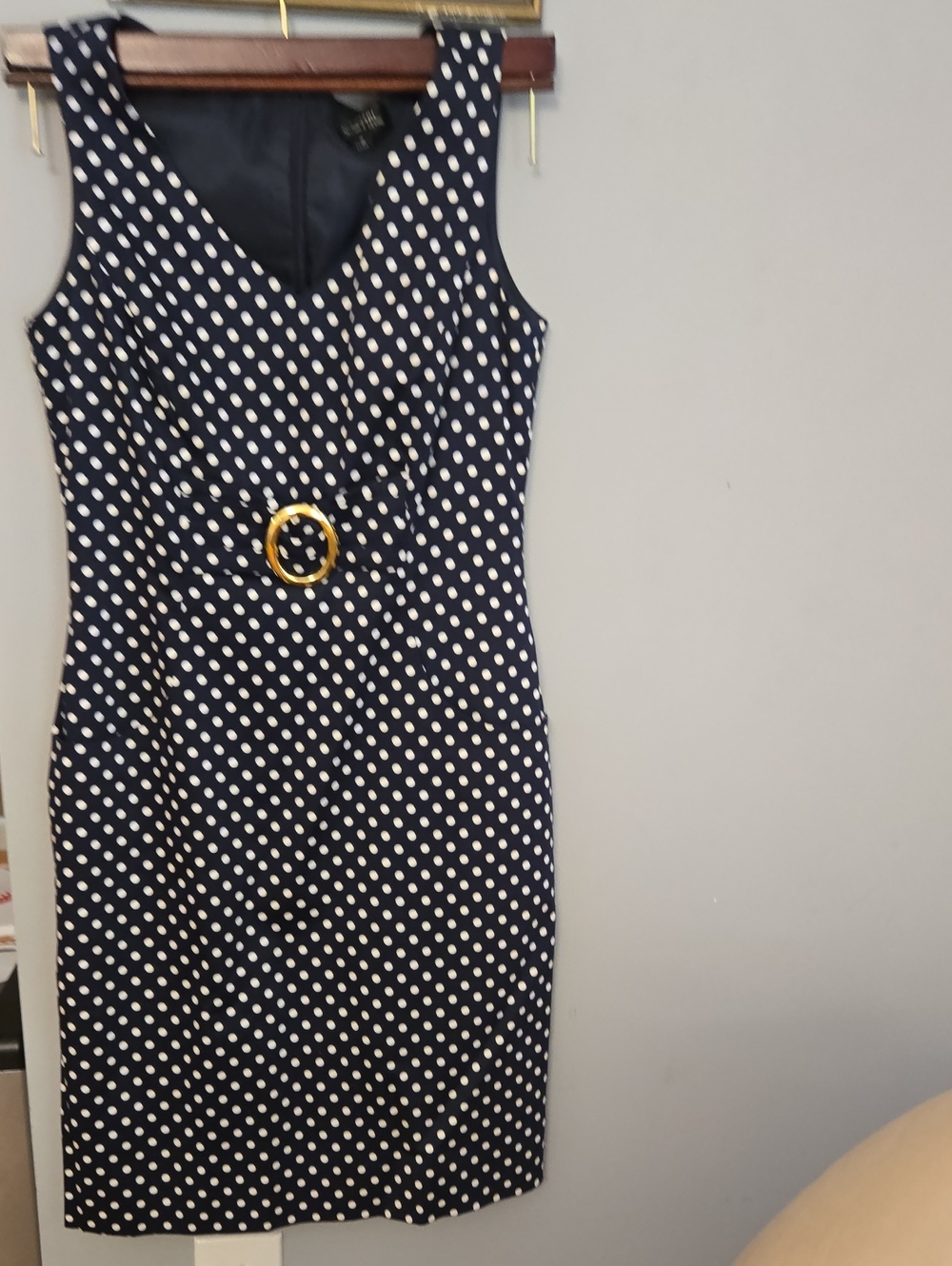 Polka Dot Navy Sheath Dress with Gold Buckle